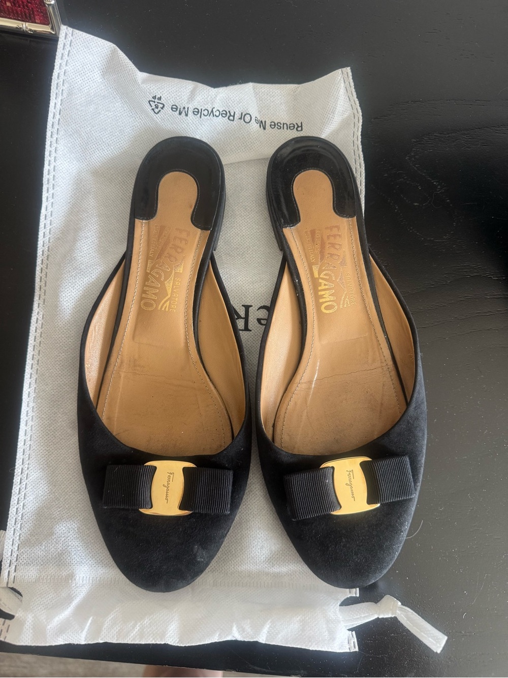Salvatore Ferragamo Black Suede Bow-Trim Backless Mules with Gold Accent